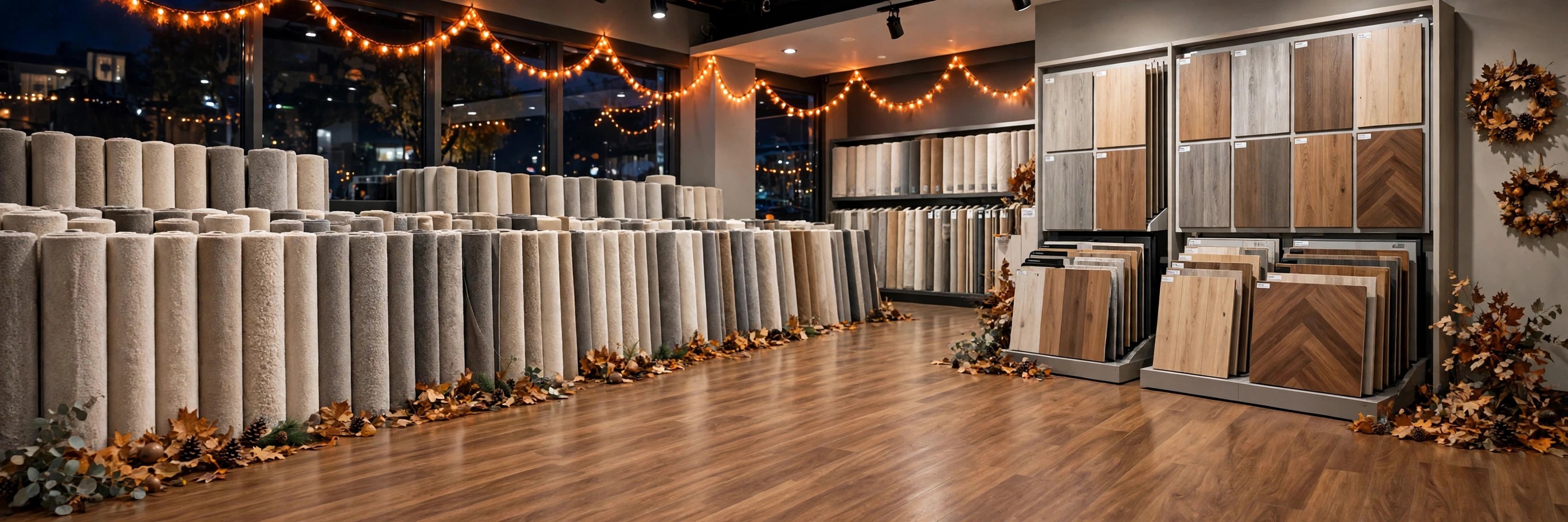 Carpet Depot showroom decorated for fall with orange string lights and autumn leaves